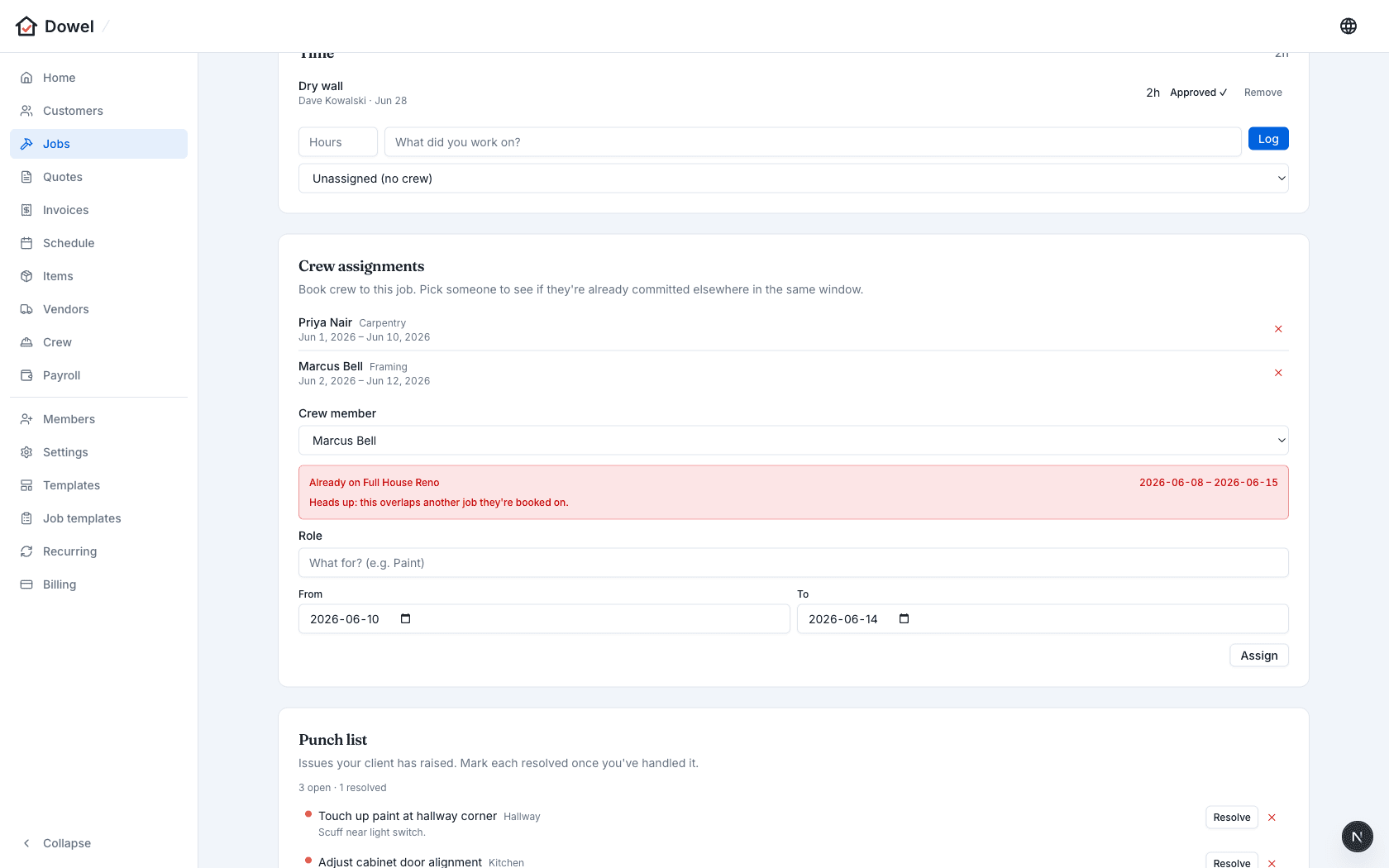 Crew assignment panel warning that a crew member is already booked on an overlapping job