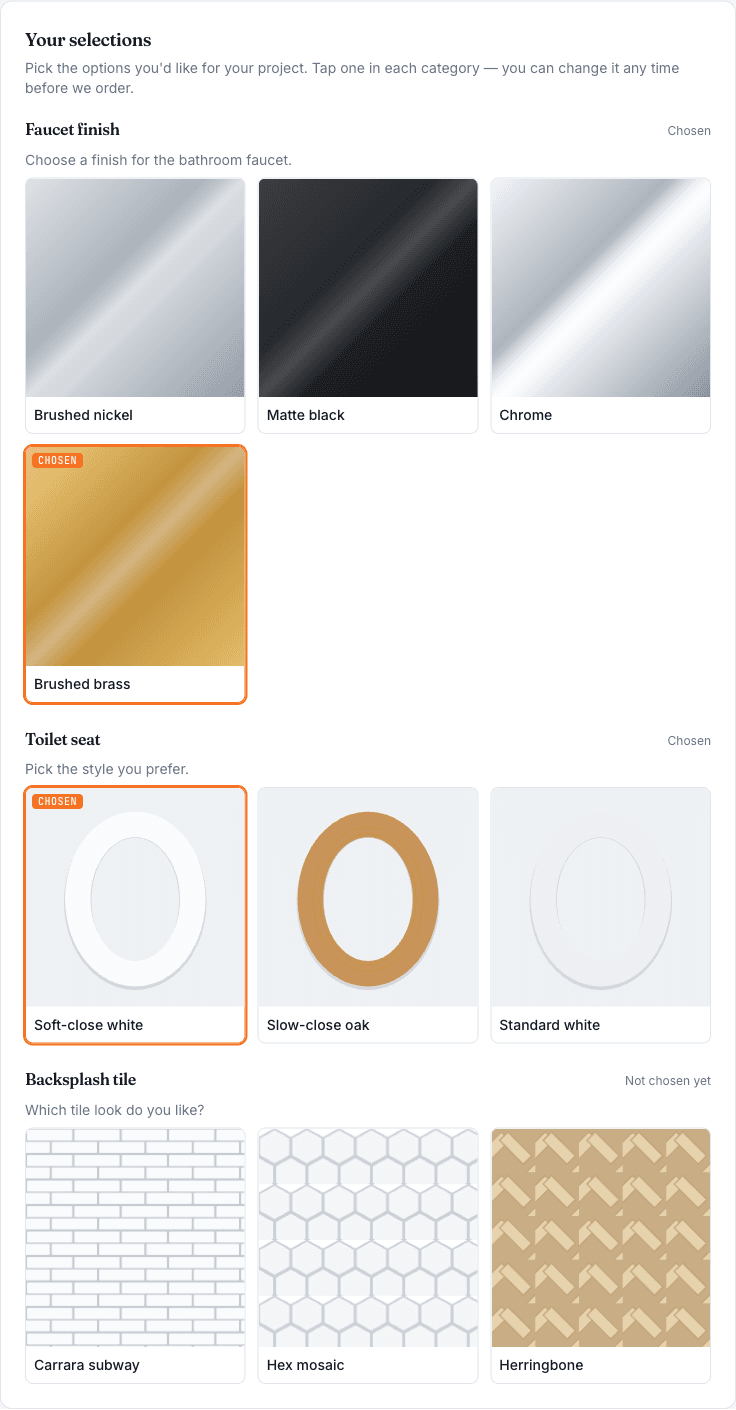Client portal selections screen with a swatch marked Chosen for the faucet finish